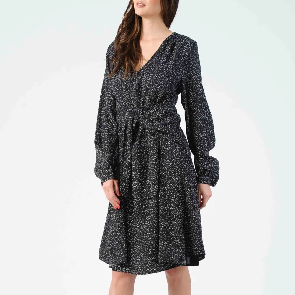 LUCCA RENE TIE FRONT V-NECK DRESS | BLACK/WHITE SPECKLE L